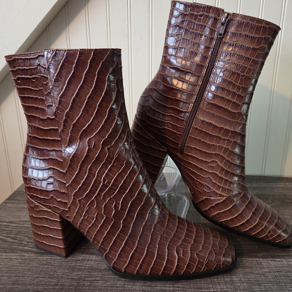 Harper Brown Crocodile-Pattern Ankle Booties - image 1